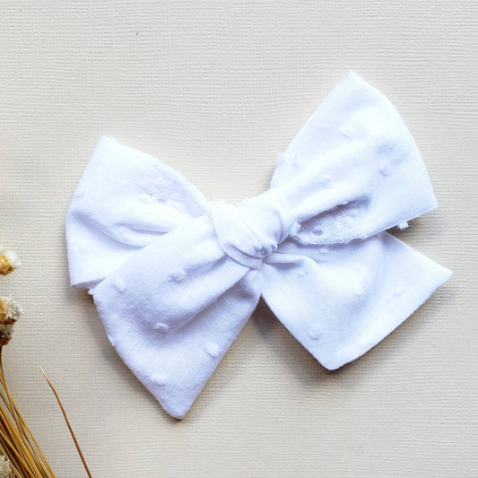 Large Fabric Bow - White Eyelet, Clip