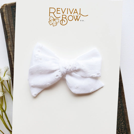 Small Fabric Bow - White Eyelet, Clip