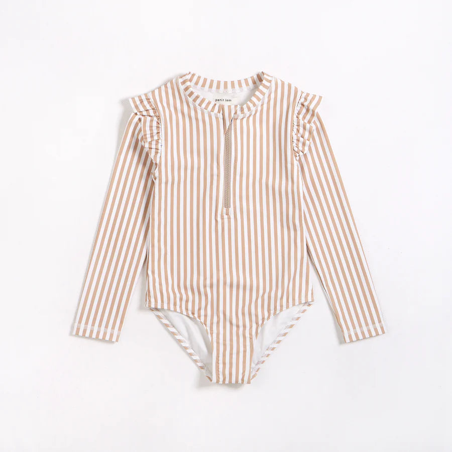 Long Sleeve One-Piece Swimsuit - Taupe Striped