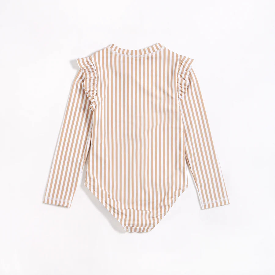 Long Sleeve One-Piece Swimsuit - Taupe Striped