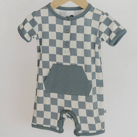 Checkered Shorty Romper - Sea Blue