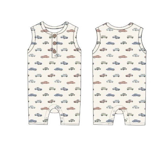 Button Tank Romper - Vintage Cars
