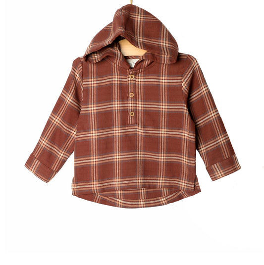 Hooded Henley Shirt- Rust